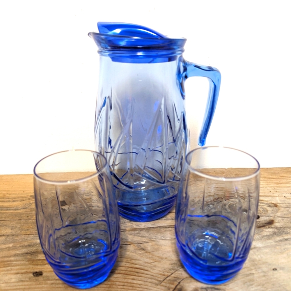 Bormioli Blue Glass Pitcher with two Glasses, made in Italy